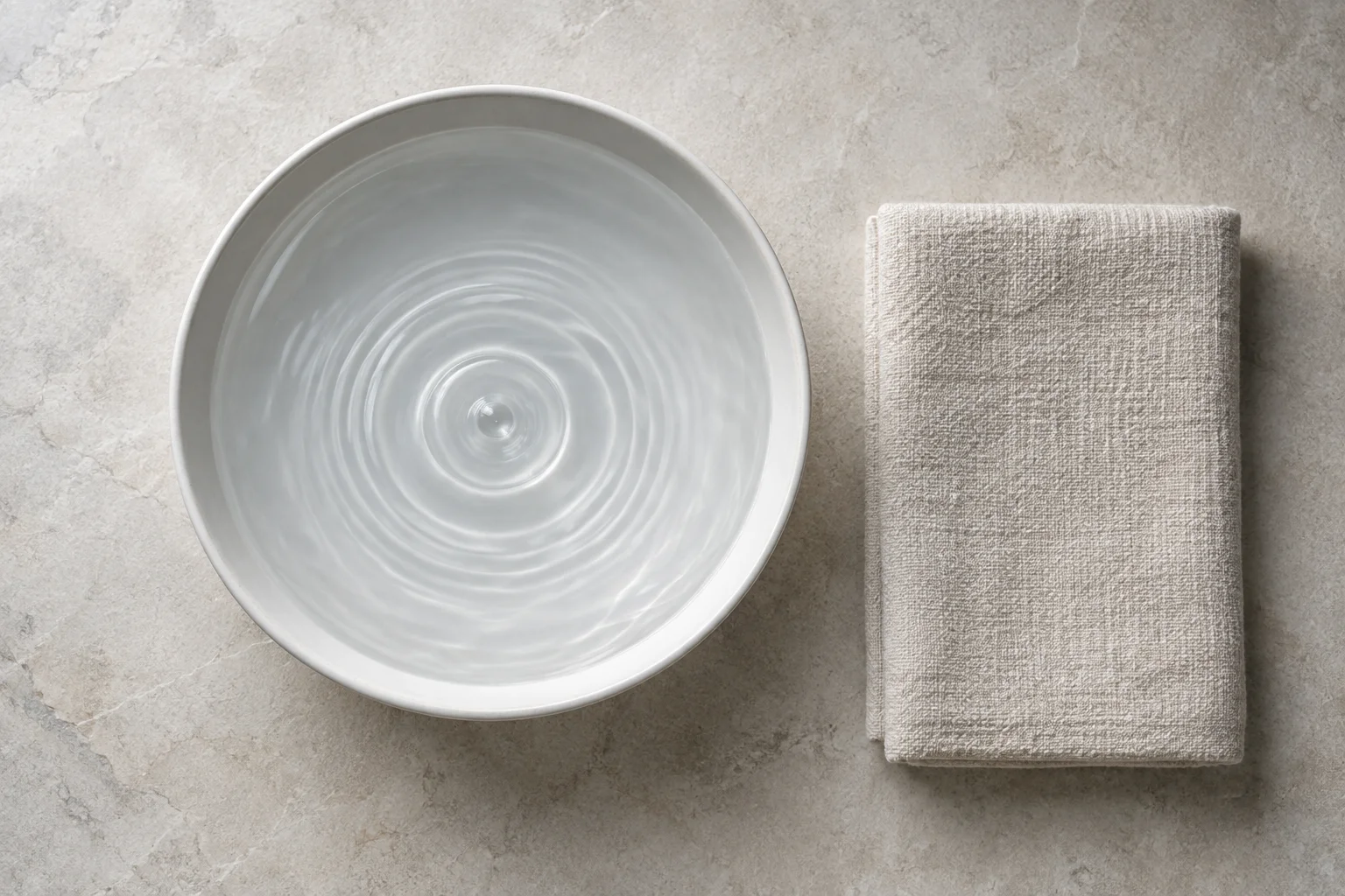 水面に広がる波紋と、たたまれたリネン